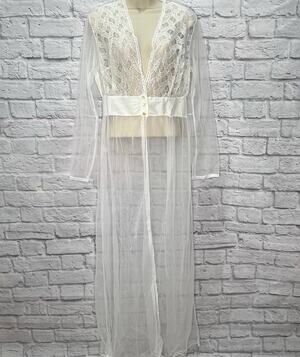 Vintage Nancy King Sheer Nylon Peignoir Robe White Bridal Size M New Satin Lace